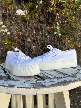 Superga White Canvas Platform Lace-Up Sneakers with Thick Sole